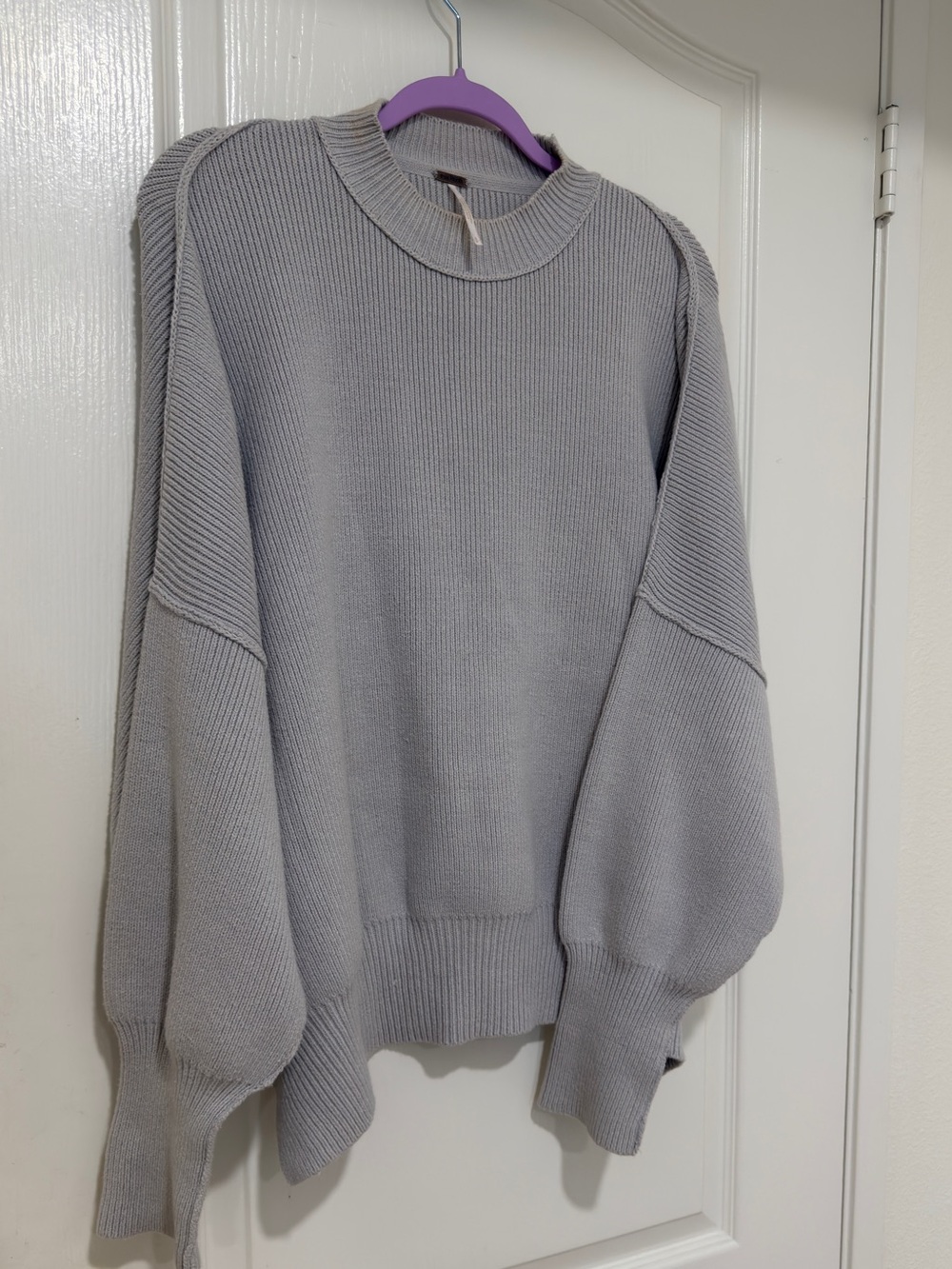 Free People Chunky Knit Oversized Sweater Gray Balloon Sleeve Pullover Size S - Picture 2 of 7